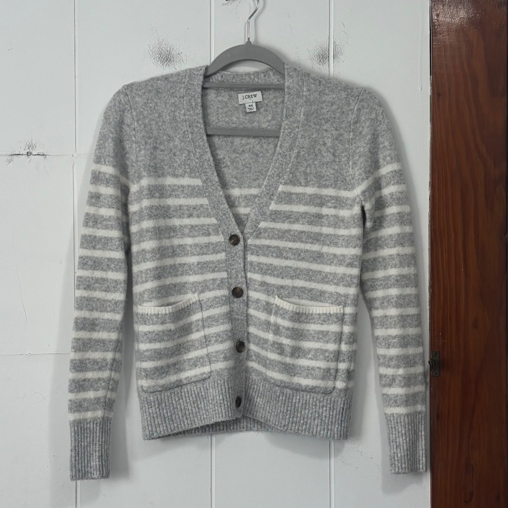 J.Crew Womens XS Grey White Striped V-Neck Button Front Knit Cardigan Sweater
